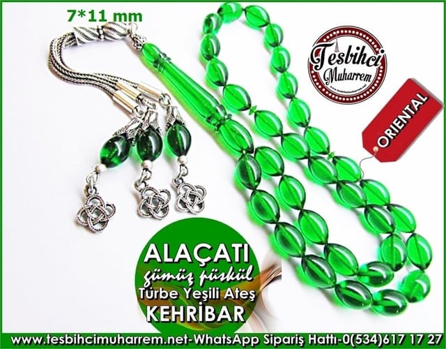 Gümüş Püsküllü Türbe Yeşili Ateş Kehribar Tesbih 7*11 mm Alaçatı 