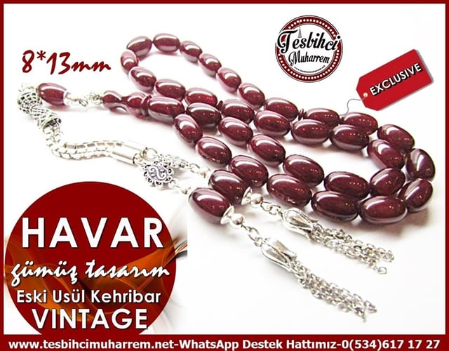 Gümüş Tasarım Damarlı Vişne Vintage Sıkma Kehribar Tesbih Havar 