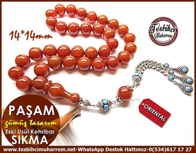 Gümüş Tasarım Küre Kesim Kallavi Eski Usül Sıkma Kehribar Tesbih Paşam