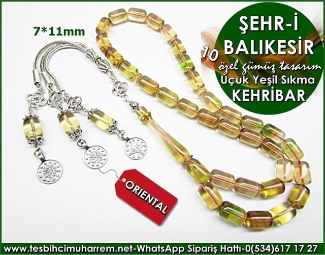 Gümüş Tasarım Uçuk Yeşil Sıkma Kehribar Tesbih 10 Şehr-i Balıkesir