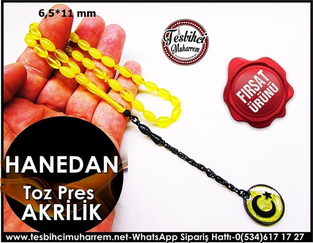Hanedan Hediyelik 6,5*11 mm Özel Püsküllü Sarı Damarlıi Akrilik Tesbih