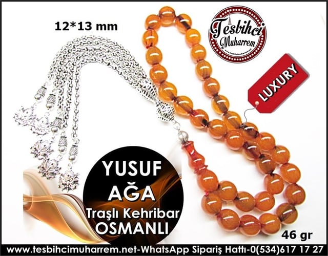 İri Boy Miskevi Kayısı Ton Traşlı Osmanlı Sıkma Kehribar Tesbih 12*13 mm Yusuf Ağa