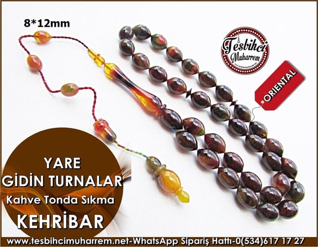 Kahve Sıkma Kehribar Tesbih 8*12 mm Yare Gidin Turnalar