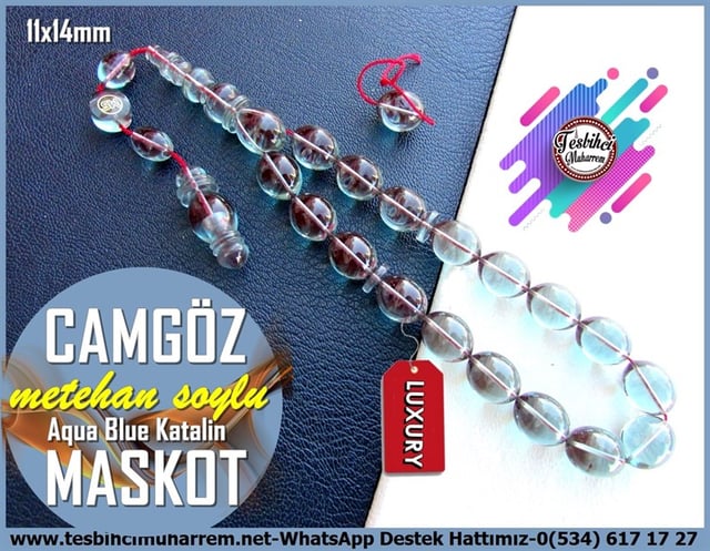 Katalin Ve Bağa TesbihlerTM12251Kendinize,eşinize,arkadaşınıza,sevgililer gününe,babalar günününe alabileceğiniz en güzel hediye tesbih..Aqua Blue Beyzi Kesim Bilek Boy Efe Maskot Katalin Tesbih Camgöz