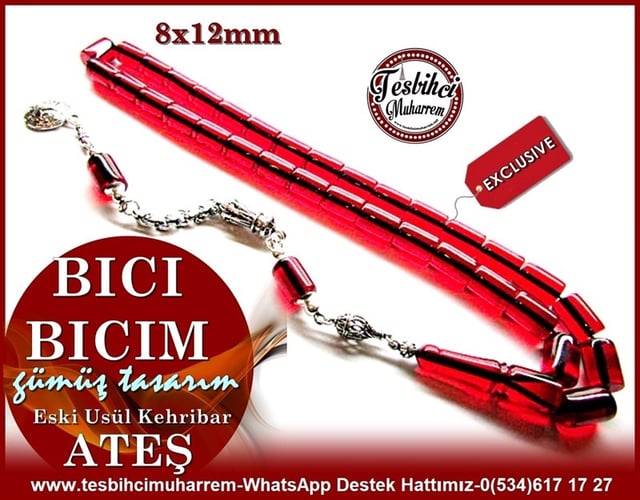 Kesme Model Kırmızı Ton Gümüş Püsküllü Ateş Kehribar Tesbih Bıcı Bıcı