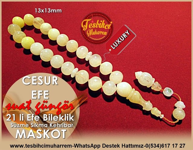 Krem Sarı Damarlı 21 Habbe Sığırcık Kesim Süzme Sıkma Kehribar Tesbih Cesur Efe