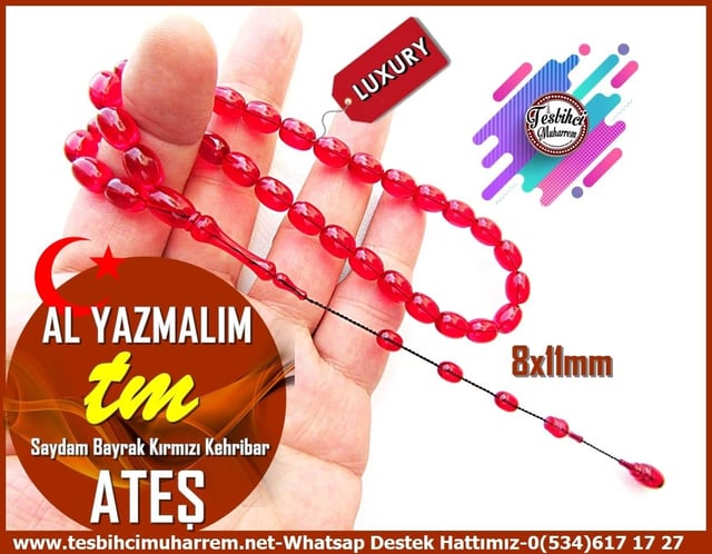 Ateş Kırmızı Ton TesbihlerTM13413Mehmet Emin Saraç Usta El İşçiliği Tespih | Ateş Kehribar, Saydam Bayrak Kırmızı, Badem Kesim 