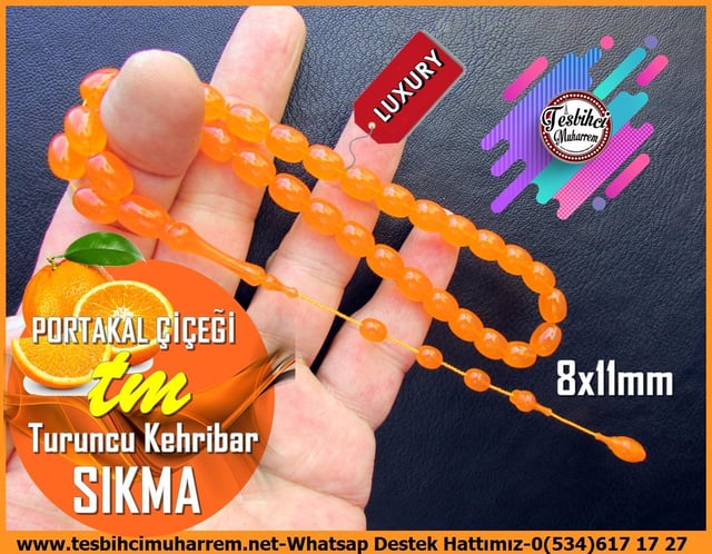 Turuncu Kehribar TesbihlerTM13414Mehmet Emin Saraç Usta El İşçiliği Tespih | Sıkma Kehribar, Yemen Zar Turuncusu, Badem Kesim 