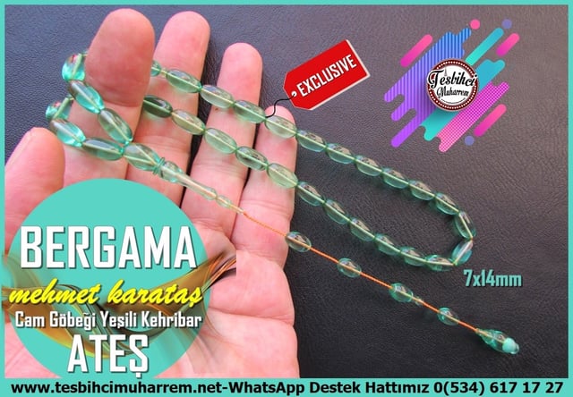Yeşil Ton TesbihlerTM14422Mehmet Karataş Usta İşçilikli Cam Göbeği Yeşili Ateş Kehribar Tesbih I Özel Tasarım Badem Kesim Bergama TesbihCam Göbeği Yeşili Ateş Kehribar Tesbih I Özel Tasarım Badem Kesim Bergama Tesbih
