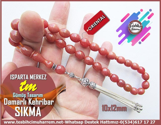 Kayısı Kehribar TesbihlerTM13487Muharrem Karaoğlu Usta Dizayn Tespih | Yavruağzı Sıkma Kehribar, Beyzi Kesim, Gümüş Püsküllü 