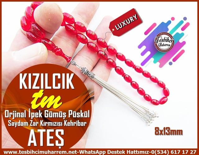 Ateş Kırmızı Ton TesbihlerTM13363Muharrem Karaoğlu Usta El İşçiliği Tespih | Lüks Blok Ateş Kehribar, Saydam Zar Kırmızısı, İpek Gümüş Püsküllü 