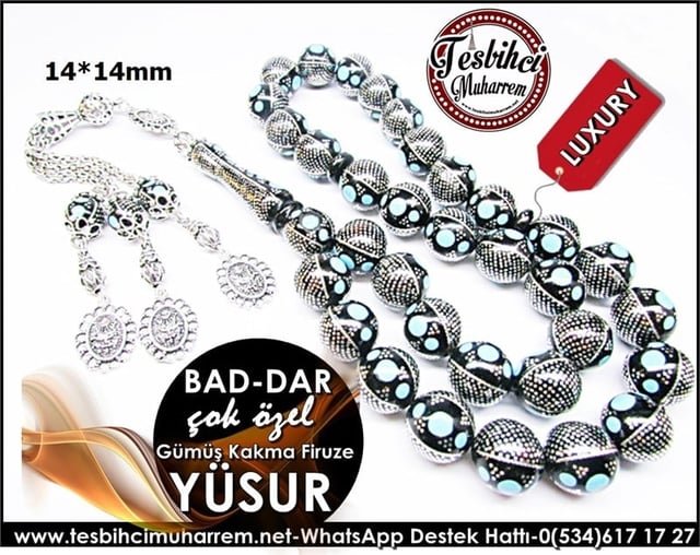 Müstesna İşçilik Firuzeli Yoğun Gümüş Çakı Yüsur Tesbih Bad-dar