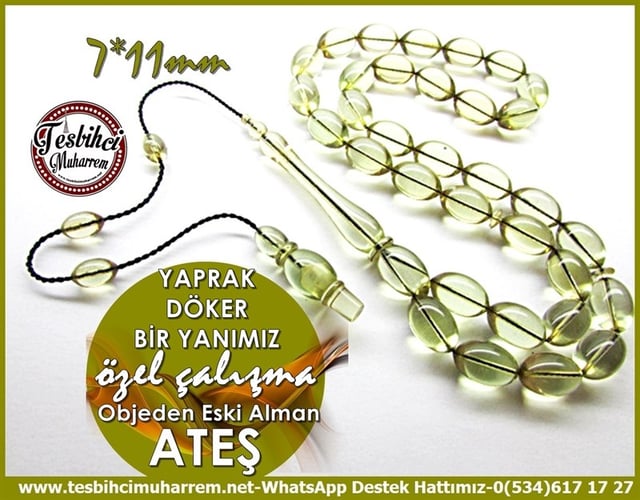 Objeden Tek Taş Eski Alman Uçuk Yeşil Ateş Kehribar Tesbih Yaprak Döker Bir Yanımız