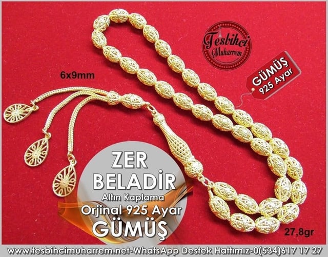 Orjinal 925 Ayar Altın Kaplama Gümüş Tesbih Zer Beladir 