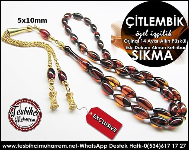 Orjinal Altın Püskül Eski Döküm Sıkma Kehribar Tesbih Çitlembik 