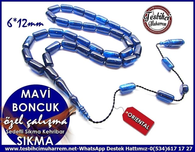 Orjinal Çalışma Sedefli Mavi Sıkma Kehribar Tesbih Mavi Boncuk 