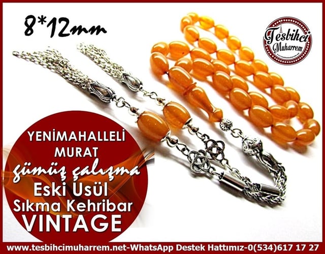 Orjinal Gümüş Çalışma Eski Usül Damarlı Kayısı Vintage Sıkma Kehribar Tesbih Yenimahalleli Murat