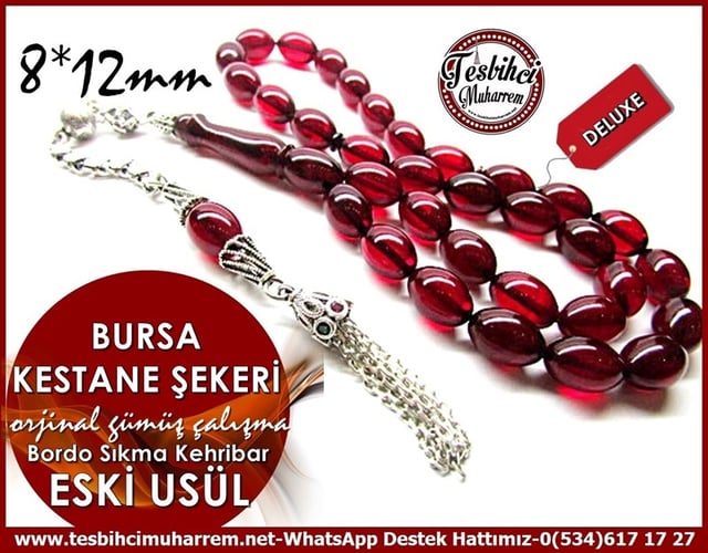 Orjinal Gümüş Çalışma Kırçıllı Eski Usül Sıkma Kehribar Tesbih Bursa Kestane Şekeri