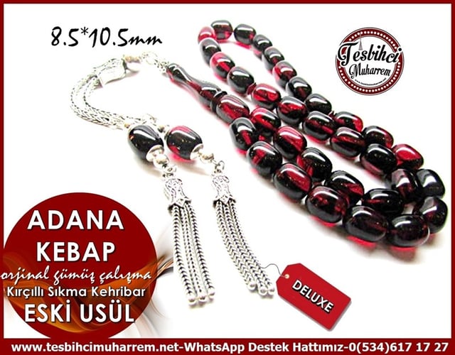 Orjinal Gümüş Çalışma Kırçıllı Eski Usül Sıkma Kehribar Tesbih Adana Kebap