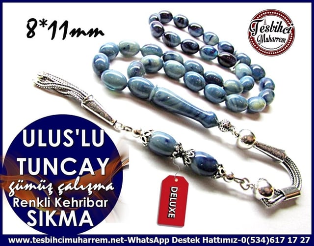 Orjinal Gümüş Çalışma Renkli Sıkma Kehribar Tesbih Ulus'lu Tuncay