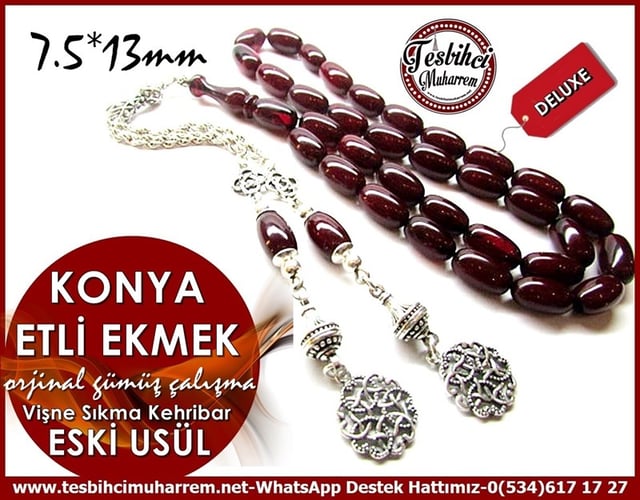 Orjinal Gümüş Çalışma Vişne Eski Usül Sıkma Kehribar Tesbih Konya Etli Ekmek