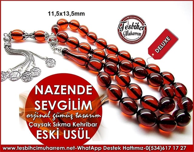 Orjinal Gümüş Eski Usül Sıkma Kehribar Tesbih Nazende Sevgilim 