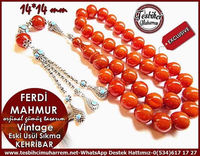 Orjinal Gümüş Müselles Vintage Sıkma Kehribar Tesbih Ferdi Mahmur 