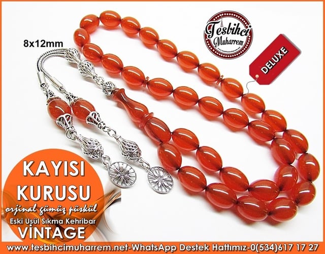 Orjinal Gümüş Püskül Eski Usül Sıkma Kehribar Tesbih Kayısı Kurusu