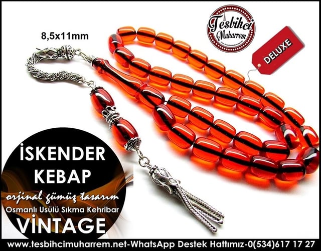 Orjinal Gümüş Püskül Osmanlı Usülü Vintage Sıkma Kehribar Tesbih İskender Kebap