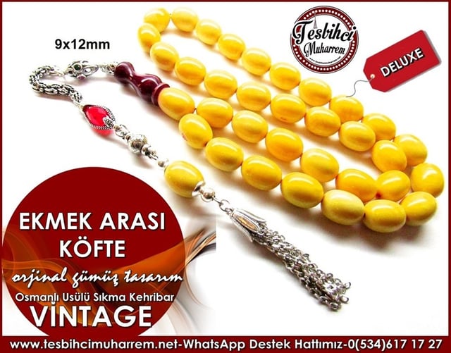 Orjinal Gümüş Püskül Osmanlı Usülü Vintage Sıkma Kehribar Tesbih Ekmek Arası Köfte