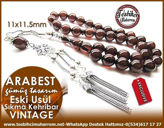 Orjinal Gümüş Püsküllü Vintage Kahveli Sıkma Kehribar Tesbih Arabest