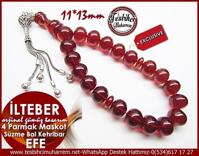 Orjinal Gümüş Tasarım 4 parmak Efe Maskot Kehribar Ateş Tesbih İlteber