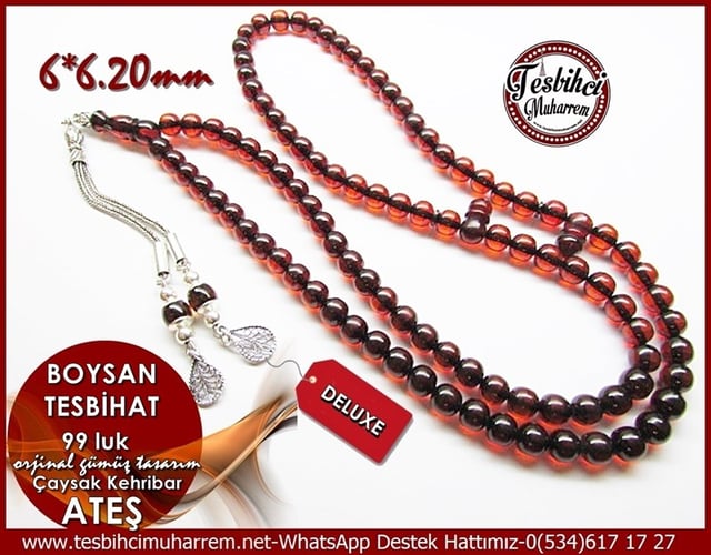 Orjinal Gümüş Tasarım 99 luk Çaysak Ateş Kehribar Boysan Tesbihat