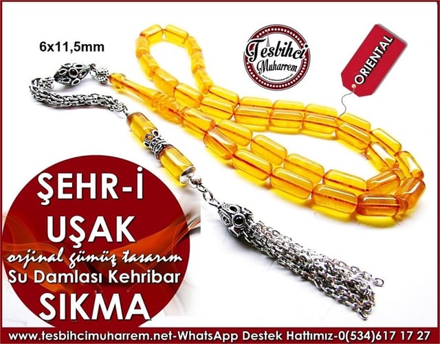 Orjinal Gümüş Tasarım Damarlı Sıkma Kehribar Tesbih Şehr-i Uşak