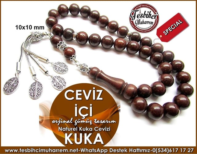 Orjinal Gümüş Tasarım Günlük Çekim Yuvarlak Kuka Tesbih Ceviz İçi