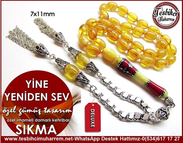 Orjinal Gümüş Tasarım Özel İmameli Damarlı Sıkma Kehribar Tesbih Yine Yeniden Sev