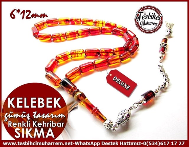 Orjinal Gümüş Tasarım Renkli Sıkma Kehribar Tesbih Kelebek