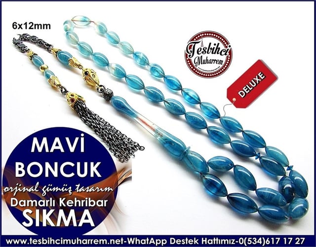 Orjinal Gümüş Tasarım Sıkma Kehribar Tesbih Mavi Boncuk 