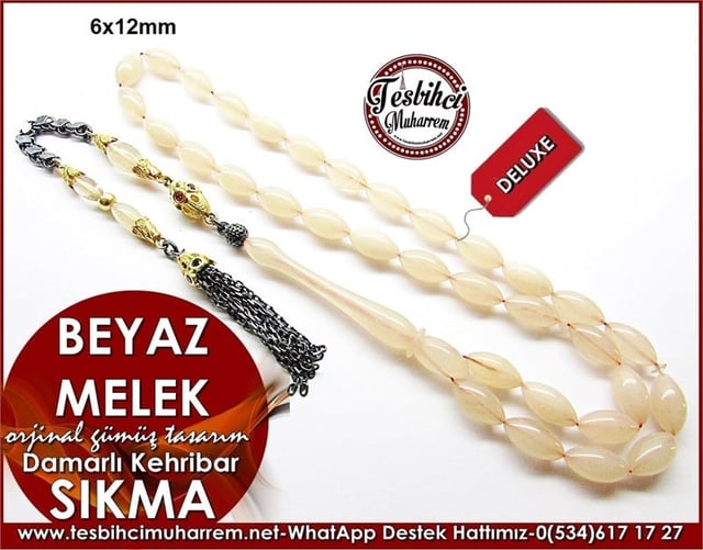 Orjinal Gümüş Tasarım Sıkma Kehribar Tesbih Beyaz Melek 