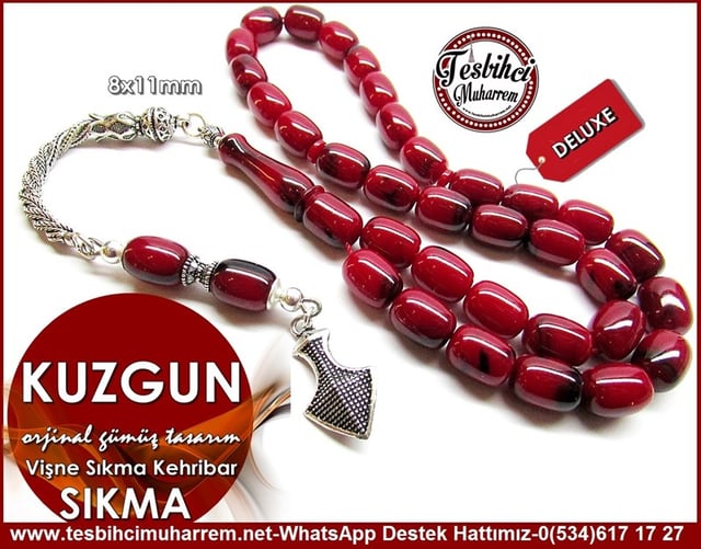 Orjinal Gümüş Tasarım Siyah Damar Vişne Sıkma Kehribar Tesbih Kuzgun