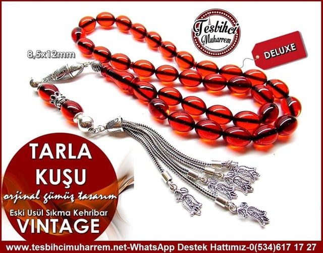 Orjinal Gümüş Tasarım Vintage Eski Usül Sıkma Kehribar Tesbih Tarla Kuşu