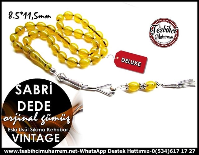 Orjinal Gümüş Tasarım Vintage Sıkma Kehribar Tesbih Sabri Dede 