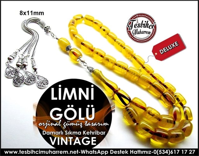 Orjinal Gümüş Tasarım Vintage Sıkma Kehribar Tesbih Limni Gölü