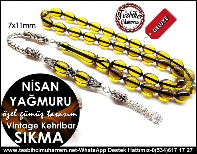Orjinal Gümüş Tasarım Vintage Sıkma Kehribar Tesbih Nisan Yağmuru