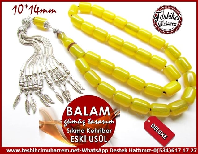 Orjinal Gümüş Tasarım Vintage Uzun Sıkma Kehribar Tesbih Balam