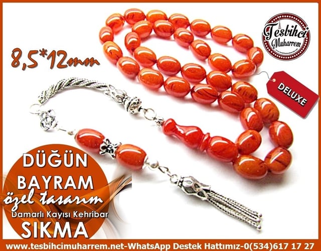 Orjinal Gümüş Uçlu Beyzi Tarz Damarlı Kayısı Sıkma Kehribar Tesbih Düğün Bayram