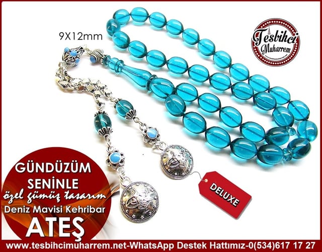 Orjinal Özel Gümüş Tasarım Deniz Mavisi Ateş Kehribar Tesbih Gündüzüm Seninle