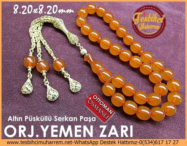 Özel 14 Ayar Altın Püskül Orjinal Eski Yemen Zar Kehribar Tesbih Serkan Paşa