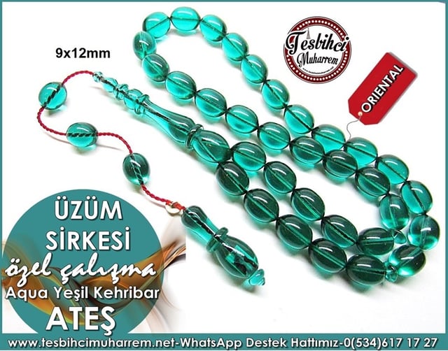 Özel Çalışma Aqua Yeşil Beyzi Model Ateş Kehribar Tesbih Üzüm Sirkesi