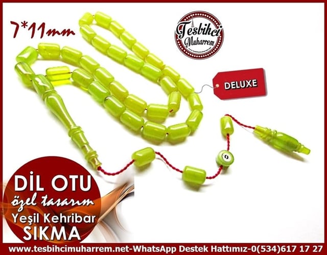 Özel Çalışma Damarlı Yeşil Sıkma Kehribar Tesbih Dil Otu